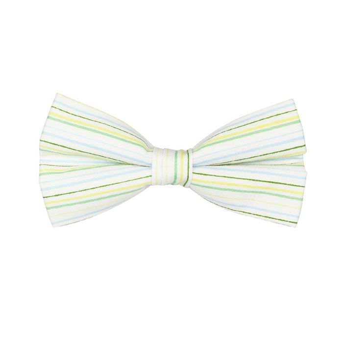 Pajarita blanca con rayas horizontales amarillas, verdes y azules